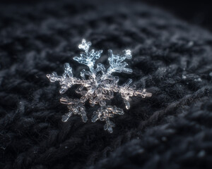 Close-up of snowflake on dark knitted fabric in winter light