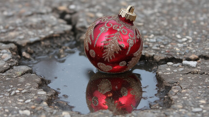 Red Christmas ornament in puddle on cracked asphalt