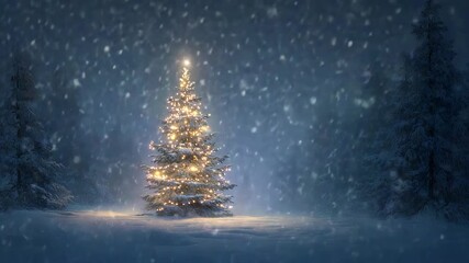 christmas tree glowing with warm lights in snowy winter forest holiday scene with falling snow and festive atmosphere - Powered by Adobe