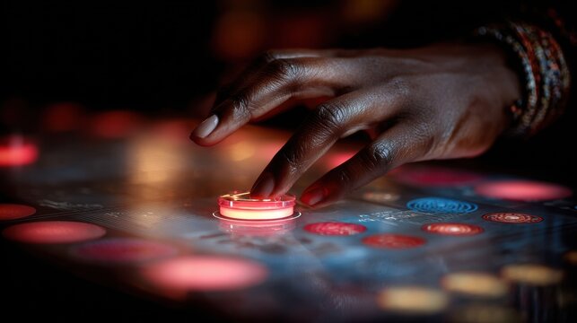 Black female founder's hand poised over illuminated launch button on a futuristic control console, surrounded by vibrant colors and warm lighting, symbolizing innovation and empowerment