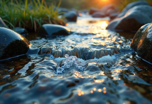 Gentle Stream Amidst Polished Stones Crystal Clear Reflection Over Tranquil Waters Rushing Fresh Pebbles