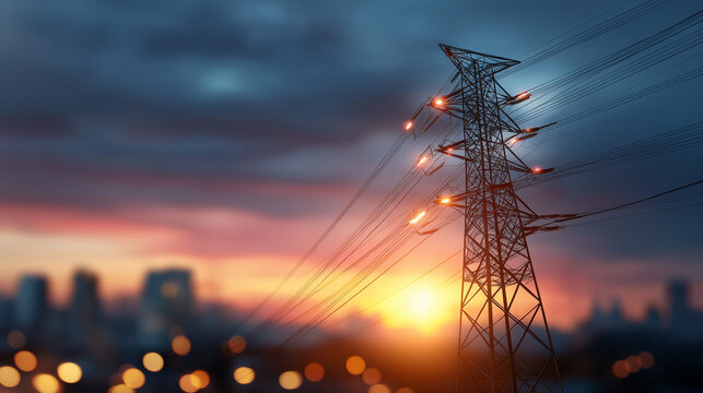 High voltage electric transmission tower energy pylon defocused infrastructure background power distribution structure electricity grid display transmission concept - Powered by Adobe