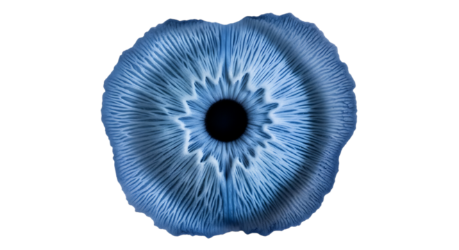 Close-up view of the underside of a blue mushroom cap showing gills, isolated on white or transparent background. PNG