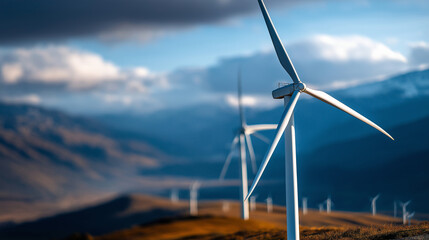 Turbines on elevated terrain installation defocused mountain background wind power generation renewable energy facility sustainable electricity production with copy space