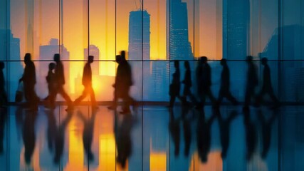 Timelapse of business people walking in modern airport terminal with city skyline at sunset silhouettes moving across glass windows creating dynamic urban travel atmosphere - Powered by Adobe