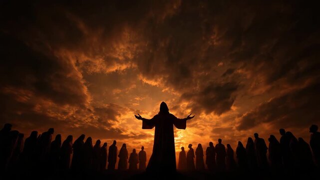 Biblical scene with Jesus Christ addressing people at glowing sunset illustrates spiritual faith divine message hope salvation and religious inspiration