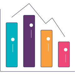 Bar Chart With Downward Trend Line And White Circles Indicating Data Points On A Transparent Background