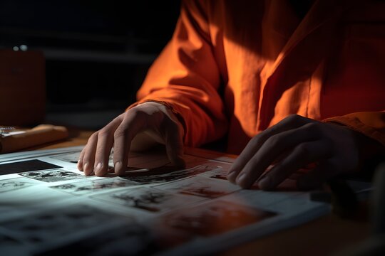 Analyzing a series of black and white images from an orange clad figure