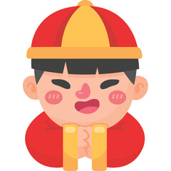 Close up Portrait Of A Cheerful Young Asian Boy Wearing A Traditional Red And Yellow Hat And Red Robe Offering Blessings With Both Hands Clasped In Front In A Horizontal Frame