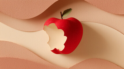 Red apple with a bite and green leaf on abstract background  