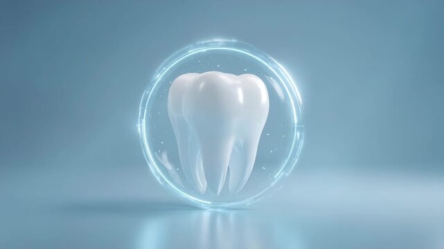 White healthy tooth protected by glowing digital shield on blue background symbolizing dental care oral hygiene tooth protection modern dentistry health technology and preventive medical concept