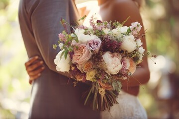 Wedding couple embracing with flower bouquet in foreground during golden hour