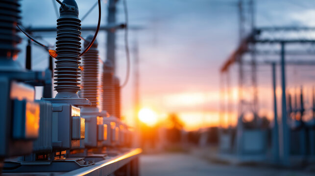 Distribution electric substation with power lines and transformers defocused sunset background energy infrastructure facility electricity distribution system grid connection