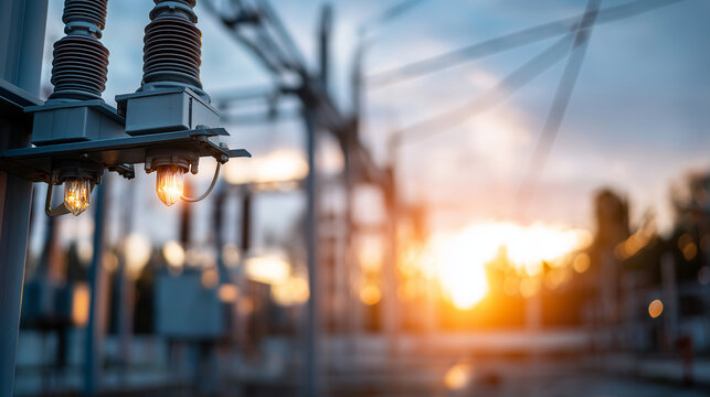 Distribution electric substation with power lines and transformers defocused sunset background energy infrastructure facility electricity distribution system grid connection