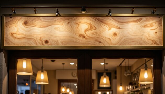 Illuminated wooden storefront panel mockup above restaurant entrance, warm evening lighting creates inviting branding surface for caf&eacute; or bistro
