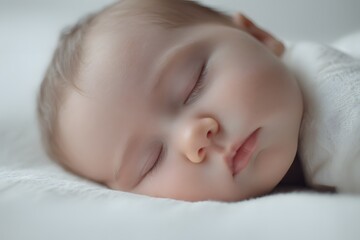 Close-up of an infant peacefully sleeping on a white blanket