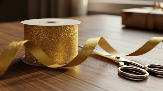 Gold Ribbon and Scissors: Gift Wrapping Still Life