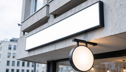 Minimalist storefront signage mockup with wide blank rectangular lightbox and round illuminated sign on modern concrete facade in urban city street