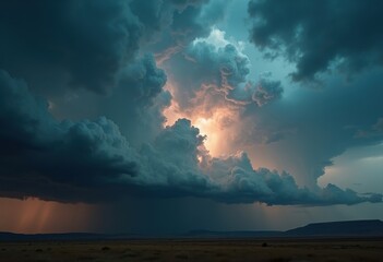 Powerful Thunderstorm Clouds Converging Over Rolling Plains Dramatic Dark Sky