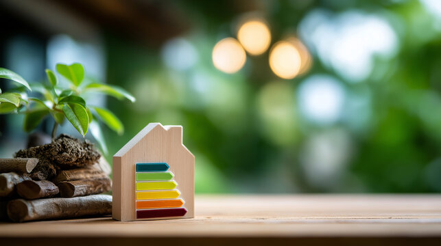 Efficiency energy rating concept with sustainable development defocused ecological house background low consumption renovation insulation improvement eco dwelling display with