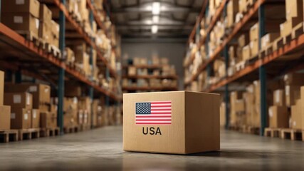 Cardboard box with USA flag in large warehouse logistics center symbolizing shipping delivery import export and global distribution concept 3d animation - Powered by Adobe