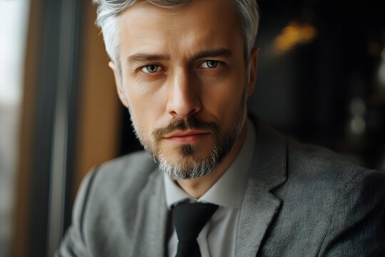 Intense portrait of a mature man with striking eyes and graying hair