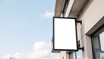 Vertical blank outdoor projecting sign mockup on modern building facade with clear sky background and realistic daylight reflections for professional branding