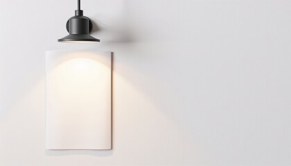 Minimalist poster mockup with pendant lamp lighting on clean white wall, soft warm illumination for logo, branding, menu or announcement display
