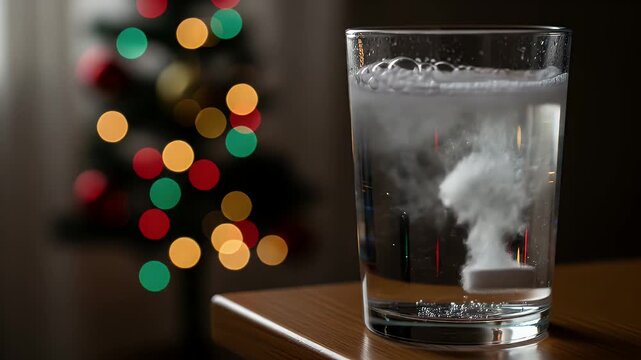 Effervescent Tablet Dissolving in Water with Holiday Lights Background