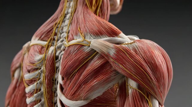 Detailed anatomical view of upper back and shoulder muscles with visible nerves showing human musculoskeletal structure