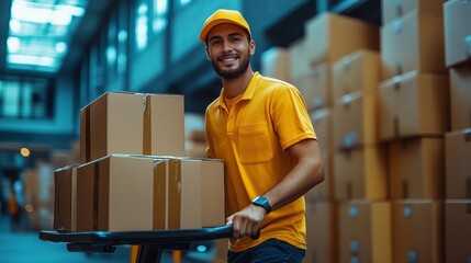 Young delivery worker smiles while pushing a cart loaded with boxes in a modern warehouse during daylight hours