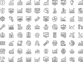 Financial analytics icons, editable stroke, business sketch, data outline, black and white, vector illustration, dashboard symbols