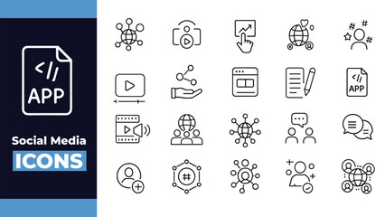 Social Media Line Icons Set – Communication, Networking, Followers, Video, App Development