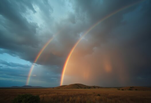 Vibrant Double Rainbow Over Stormy Sky Capturing Powerful Colors and Emotional Drama in the Cloudy Canvas