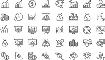 Finance icons, editable stroke, business sketch, analytics outline, black and white, vector illustration