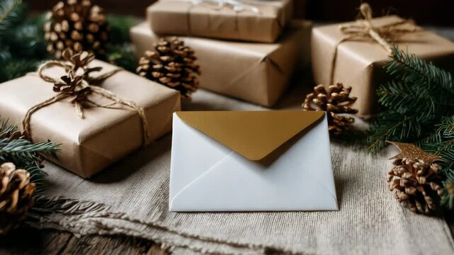 Christmas gifts pine cones festive envelope holiday decoration cozy winter atmosphere natural rustic style seasonal celebration background warm home mood