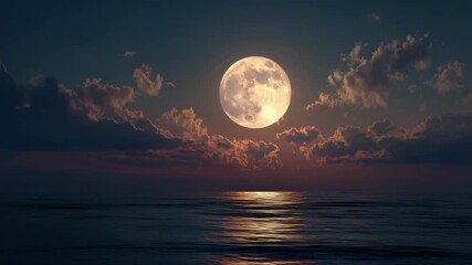 Full moon rising over calm ocean at dusk with glowing reflection on water serene night sky clouds peaceful atmospheric nature scene 3d animation - Powered by Adobe
