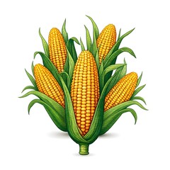 Vector image of ripe corn with several large yellow cobs surrounded by green leaves on a white background.