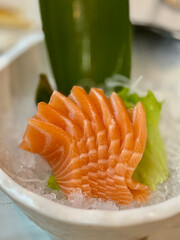 Salmon. Fresh raw salmon fillet sliced ​​salmon sashimi is perfect for Japanese cuisine or menus.