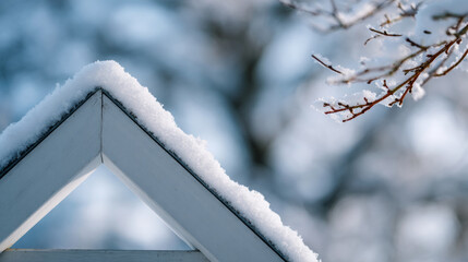 A close up of a snow covered roof with tree branches in the background also dusted with fresh white snow