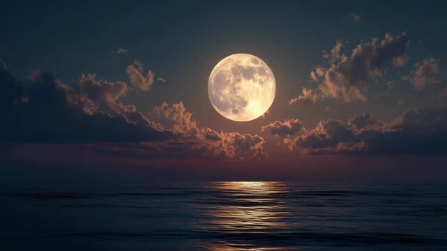 Full moon rising over calm ocean at dusk with glowing reflection on water serene night sky clouds peaceful atmospheric nature scene 3d animation