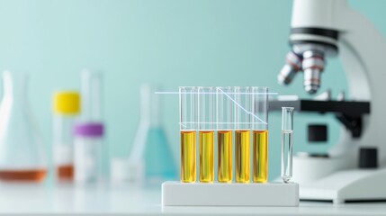 Golden liquid in test tubes with microscope, lab research , science