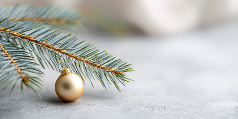 A close up of a pine branch with an ornament on it, against a grey background