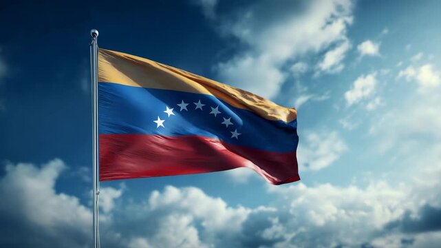 Venezuelan national flag waving in the wind against bright blue sky patriotic symbol with vibrant colors and sunlight