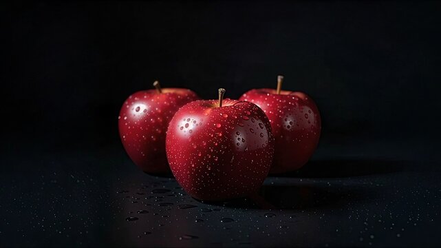 Red apples with water drops on a black background, close-up