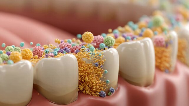 3d illustration of colorful bacteria and plaque on teeth showing oral hygiene and dental health concept