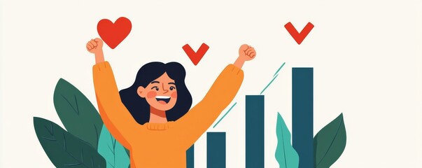 Happy Woman Celebrating Success with Rising Graph,Growth,Achievement