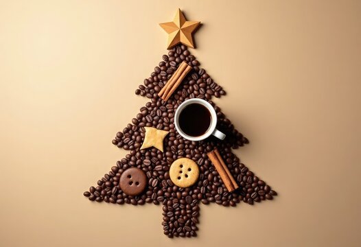 Creative Christmas tree made of roasted coffee beans with cinnamon sticks, cookies, star decor and a cup of black coffee on a beige background with copy space, cafe promotions, coffee shop, card, ads
