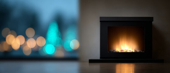 Fototapeta premium A lit fireplace is shown in a dark room with blurry lights outside the window