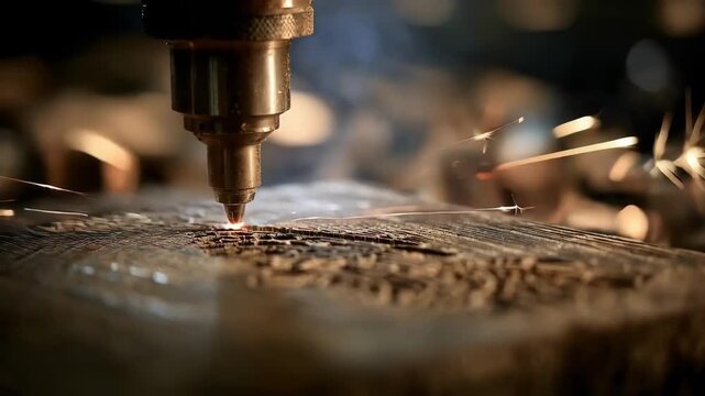 Dynamic medium shot of precision laser etching on natural wood with visible sparks highlighting craftsmanship and advanced timber design techniques.